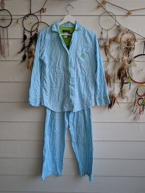 Lauren Ralph Lauren Classic Blue Striped Cotton Monogrammed Pajama Set S